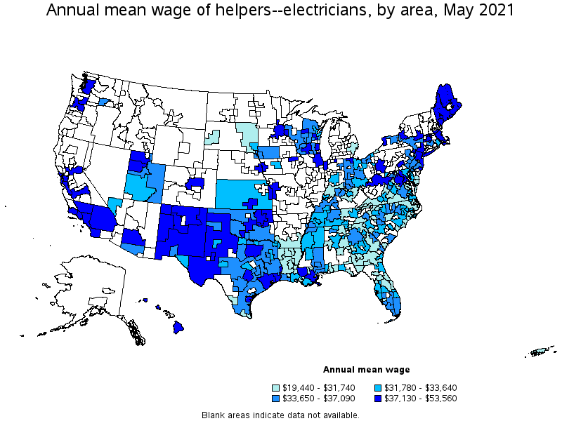 Map of annual mean wages of helpers--electricians by area, May 2021