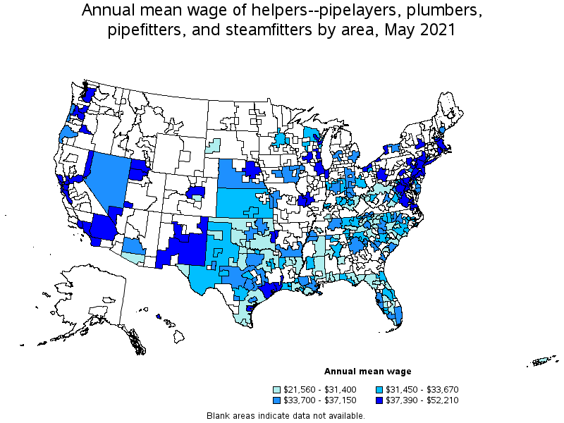 Map of annual mean wages of helpers--pipelayers, plumbers, pipefitters, and steamfitters by area, May 2021