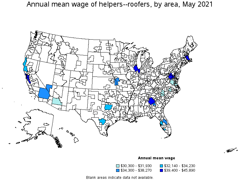 Map of annual mean wages of helpers--roofers by area, May 2021