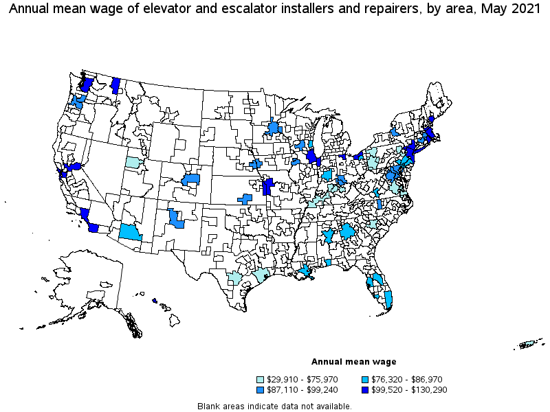 Map of annual mean wages of elevator and escalator installers and repairers by area, May 2021