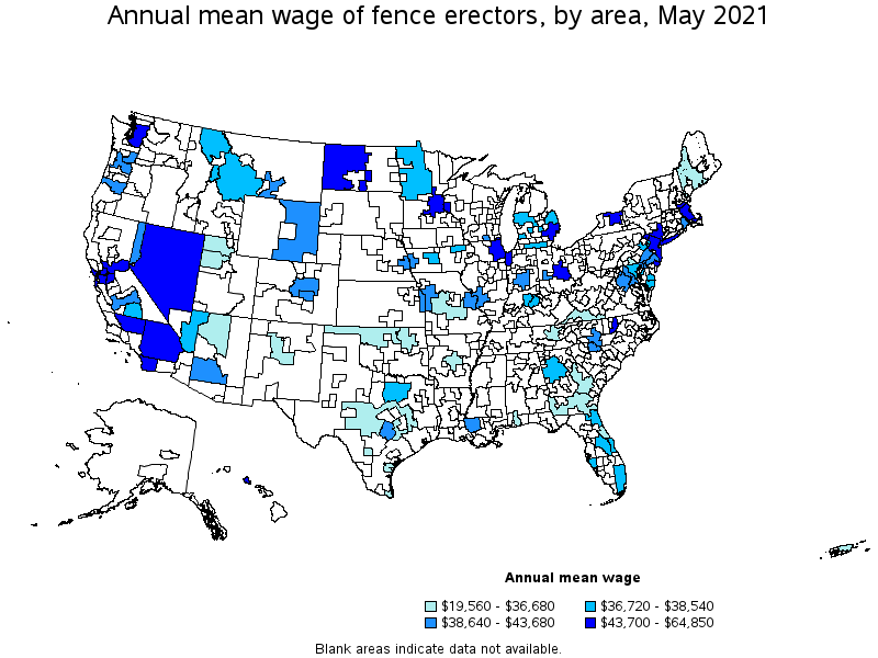 Map of annual mean wages of fence erectors by area, May 2021