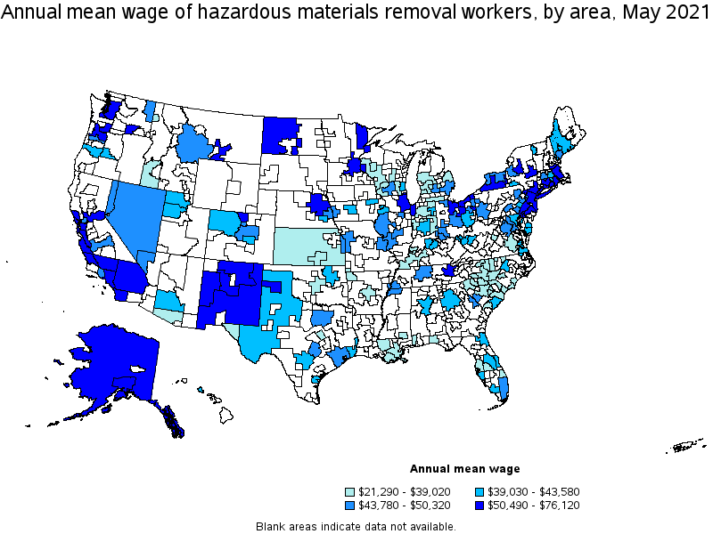 Map of annual mean wages of hazardous materials removal workers by area, May 2021