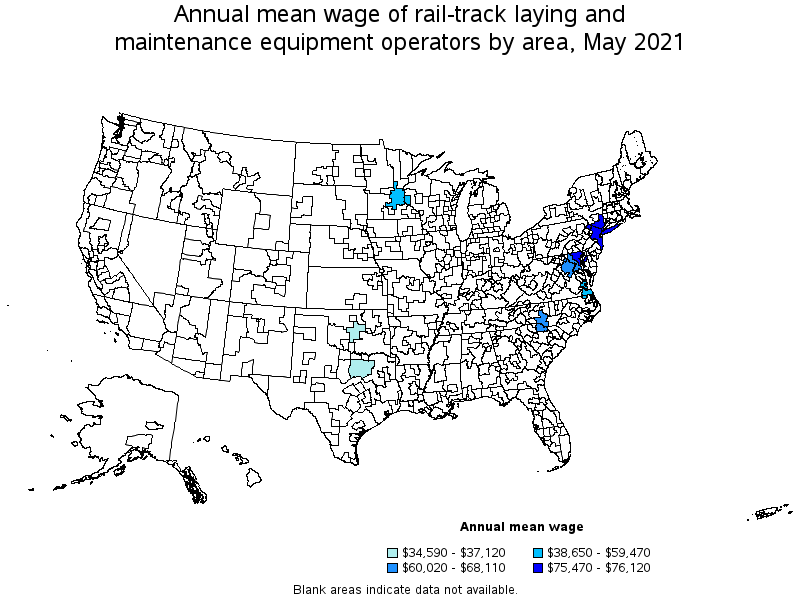Map of annual mean wages of rail-track laying and maintenance equipment operators by area, May 2021