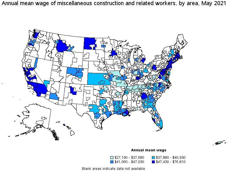 Map of annual mean wages of miscellaneous construction and related workers by area, May 2021