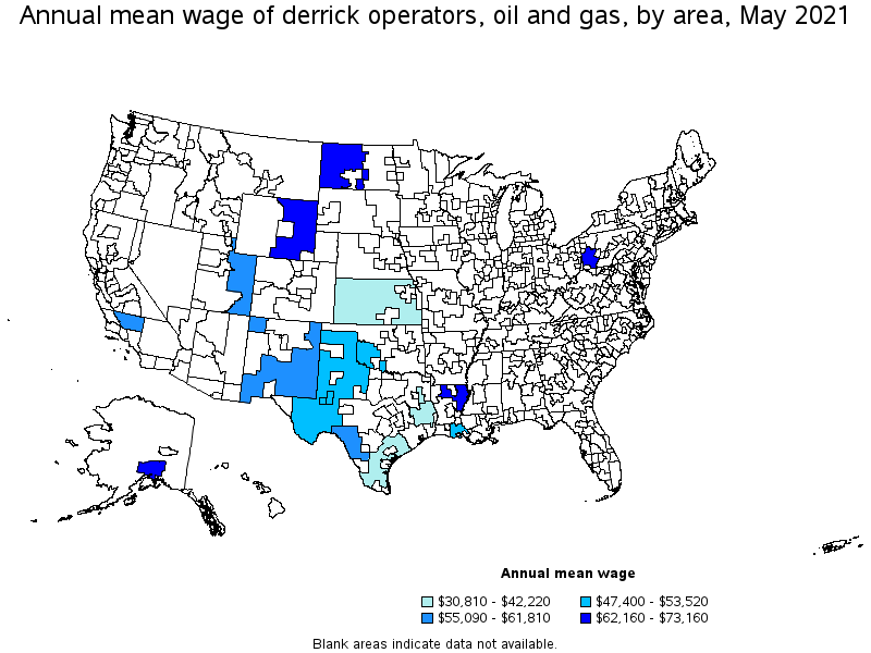 Map of annual mean wages of derrick operators, oil and gas by area, May 2021