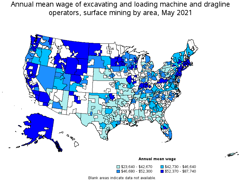 Map of annual mean wages of excavating and loading machine and dragline operators, surface mining by area, May 2021