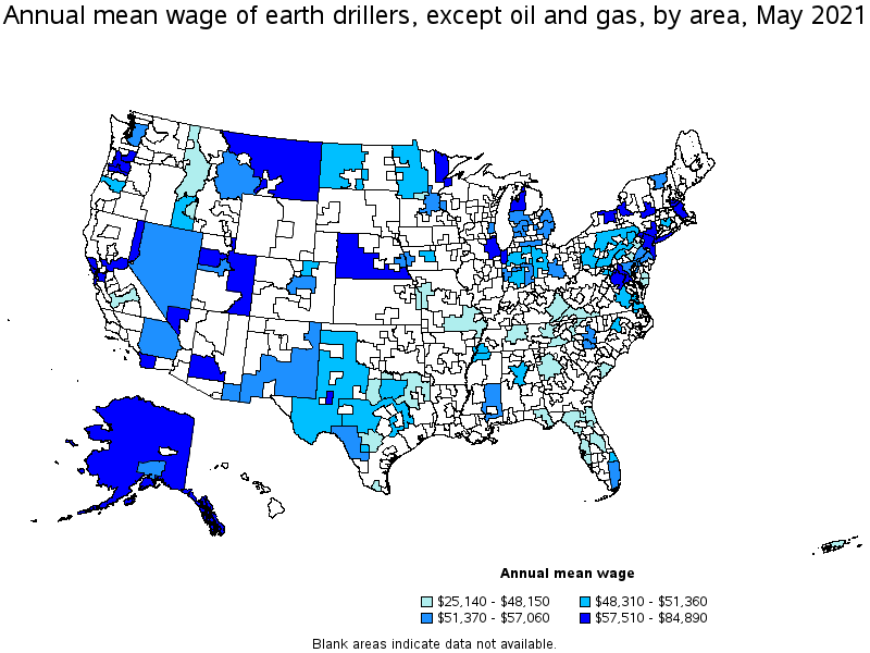 Map of annual mean wages of earth drillers, except oil and gas by area, May 2021
