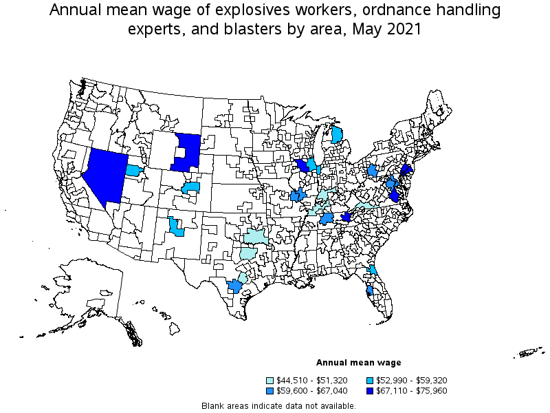 Map of annual mean wages of explosives workers, ordnance handling experts, and blasters by area, May 2021