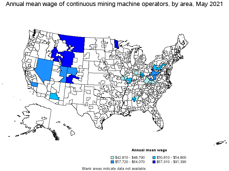 Map of annual mean wages of continuous mining machine operators by area, May 2021