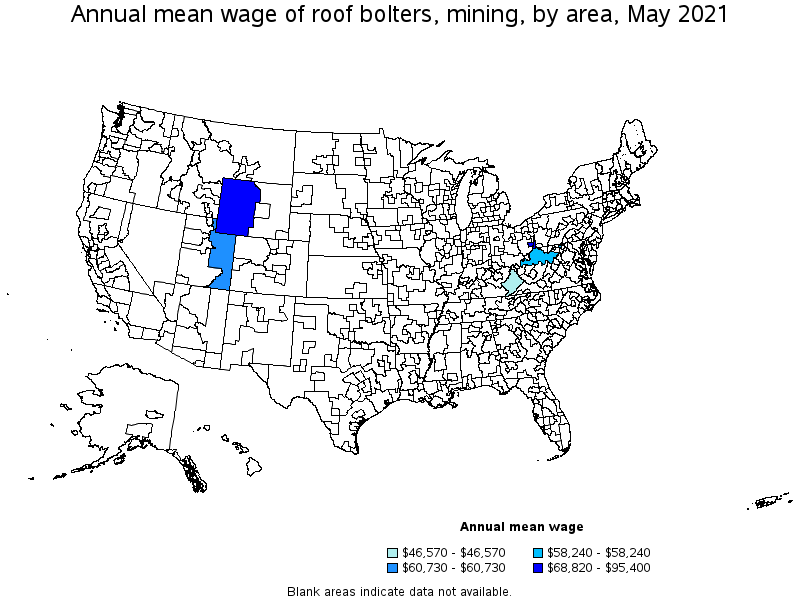 Map of annual mean wages of roof bolters, mining by area, May 2021