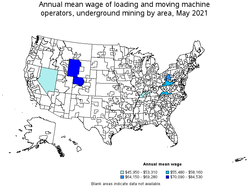 Map of annual mean wages of loading and moving machine operators, underground mining by area, May 2021