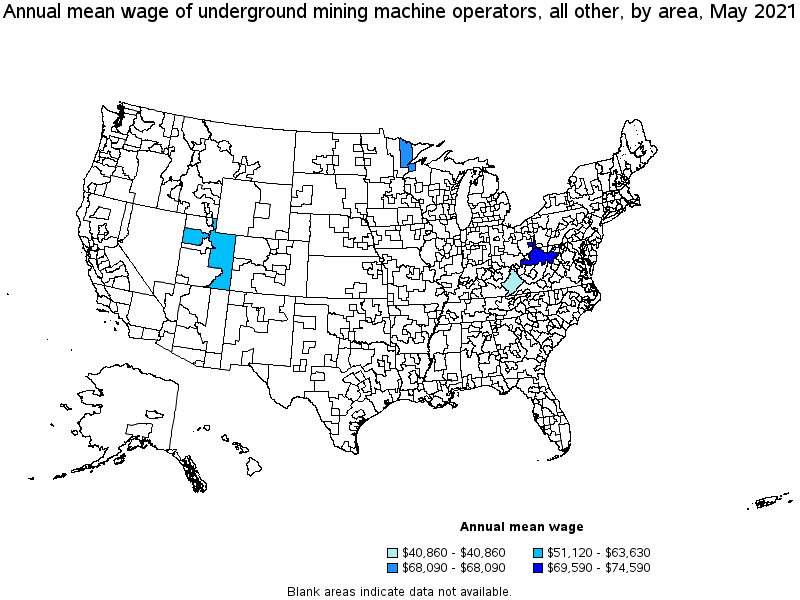 Map of annual mean wages of underground mining machine operators, all other by area, May 2021