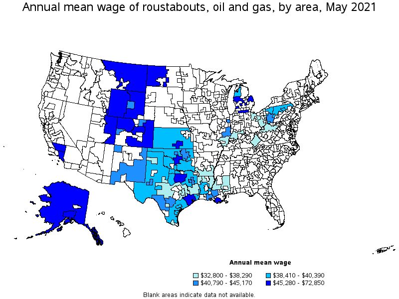 Map of annual mean wages of roustabouts, oil and gas by area, May 2021
