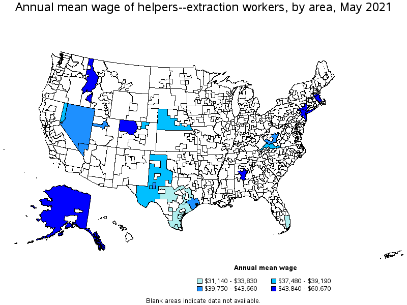 Map of annual mean wages of helpers--extraction workers by area, May 2021
