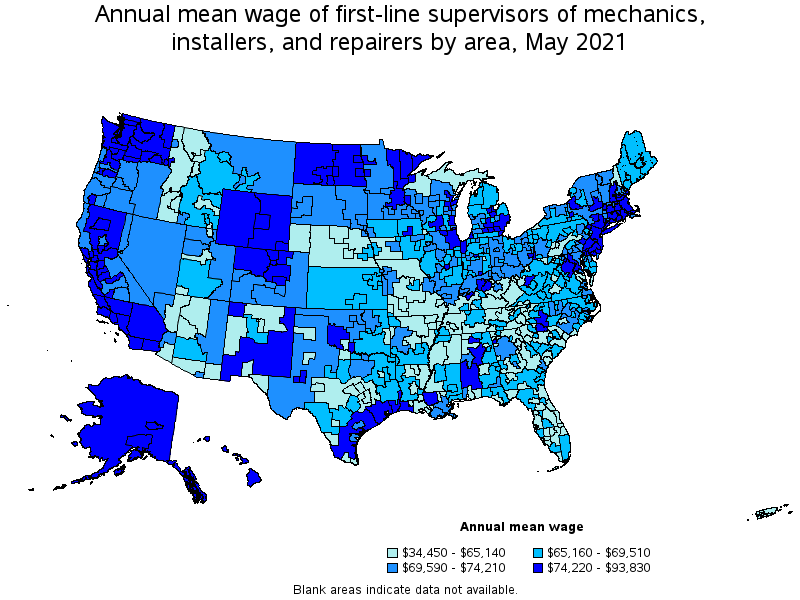 Map of annual mean wages of first-line supervisors of mechanics, installers, and repairers by area, May 2021
