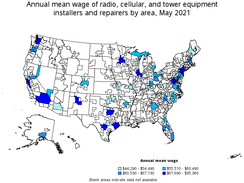 Map of annual mean wages of radio, cellular, and tower equipment installers and repairers by area, May 2021