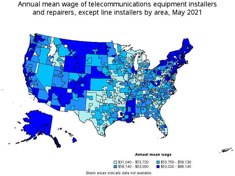 Map of annual mean wages of telecommunications equipment installers and repairers, except line installers by area, May 2021