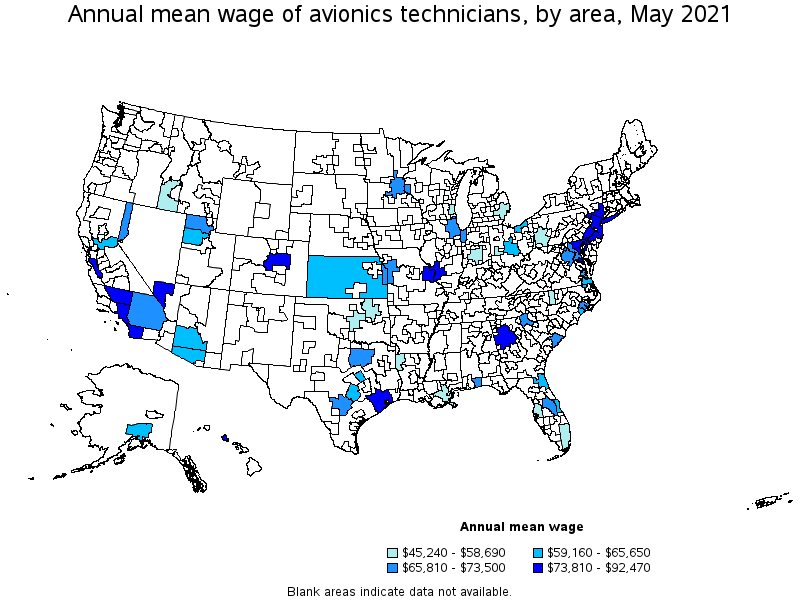 Map of annual mean wages of avionics technicians by area, May 2021
