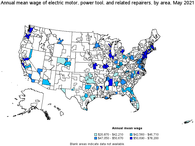 Map of annual mean wages of electric motor, power tool, and related repairers by area, May 2021