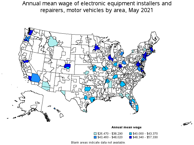 Map of annual mean wages of electronic equipment installers and repairers, motor vehicles by area, May 2021