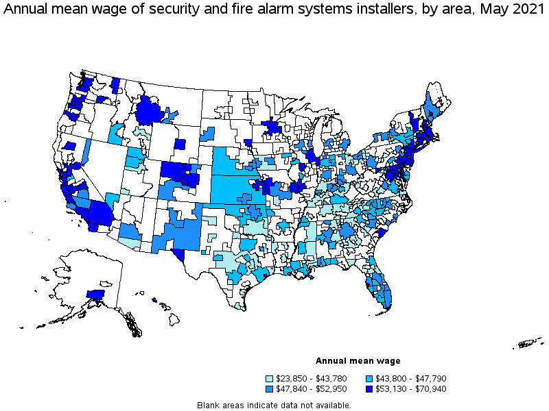 Map of annual mean wages of security and fire alarm systems installers by area, May 2021