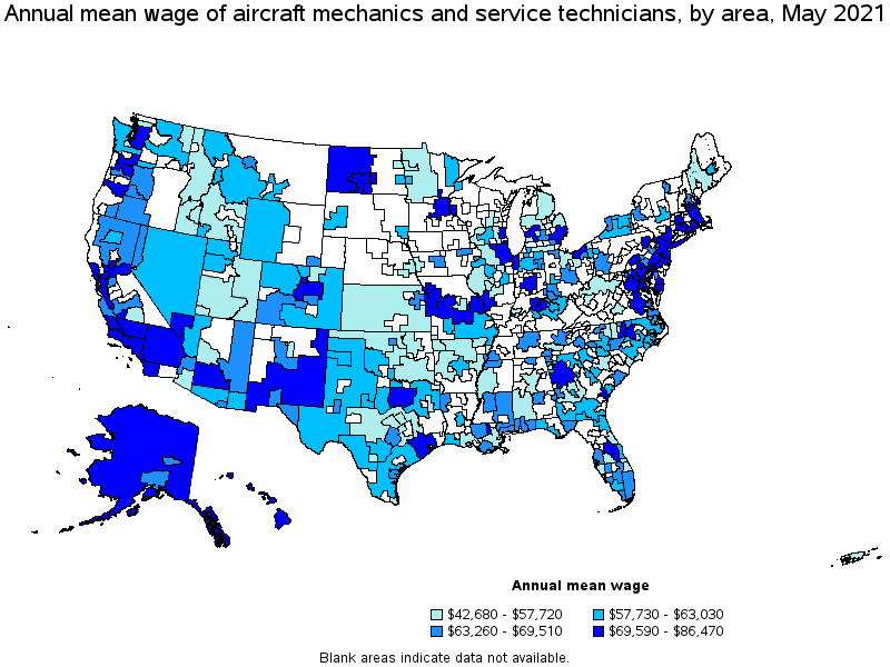Map of annual mean wages of aircraft mechanics and service technicians by area, May 2021