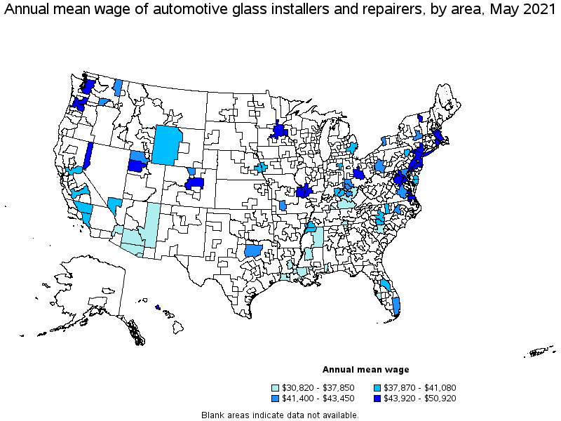 Map of annual mean wages of automotive glass installers and repairers by area, May 2021
