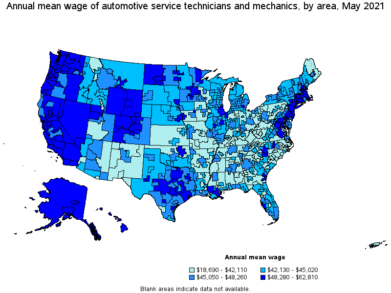 Map of annual mean wages of automotive service technicians and mechanics by area, May 2021