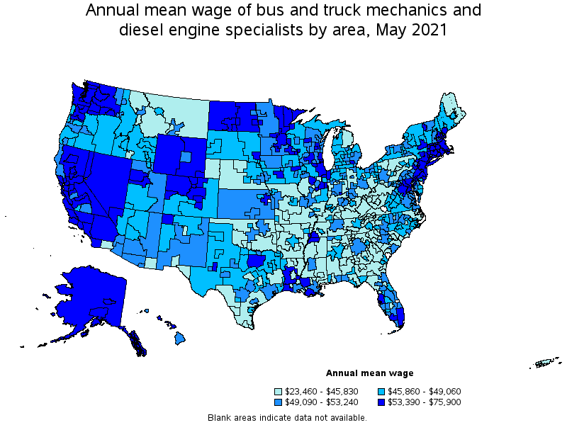 Map of annual mean wages of bus and truck mechanics and diesel engine specialists by area, May 2021