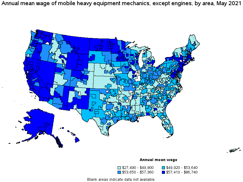 Map of annual mean wages of mobile heavy equipment mechanics, except engines by area, May 2021