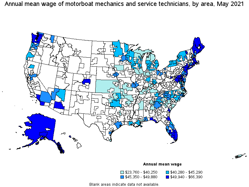 Map of annual mean wages of motorboat mechanics and service technicians by area, May 2021