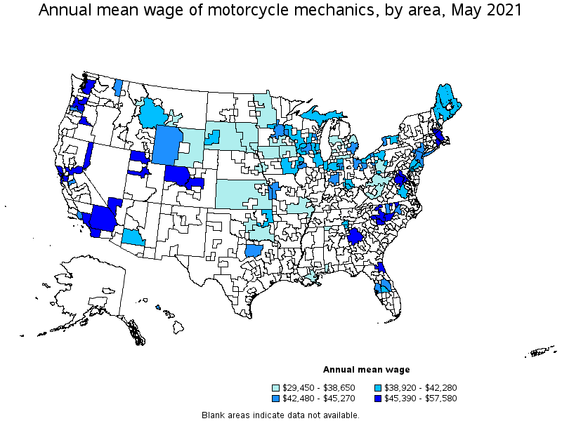 Map of annual mean wages of motorcycle mechanics by area, May 2021