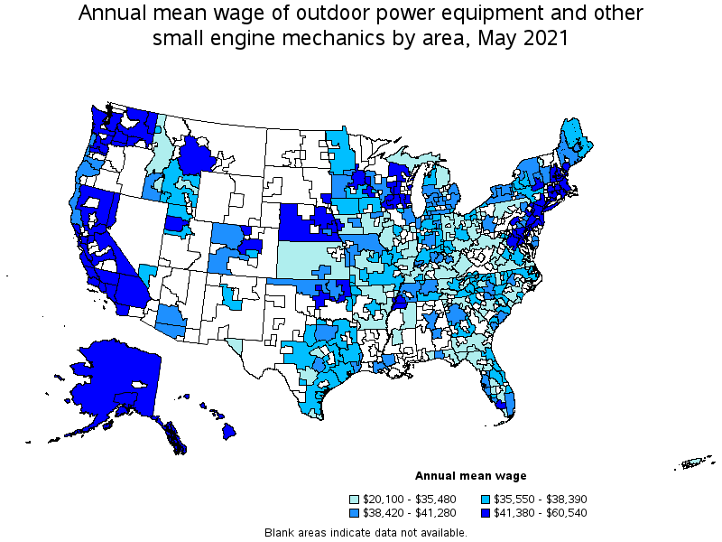 Map of annual mean wages of outdoor power equipment and other small engine mechanics by area, May 2021