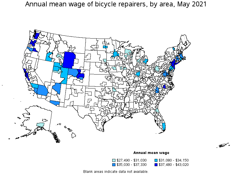 Map of annual mean wages of bicycle repairers by area, May 2021