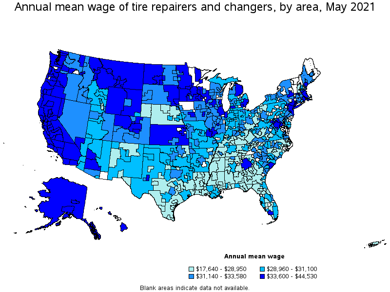 Map of annual mean wages of tire repairers and changers by area, May 2021
