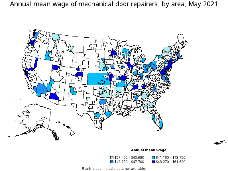 Map of annual mean wages of mechanical door repairers by area, May 2021
