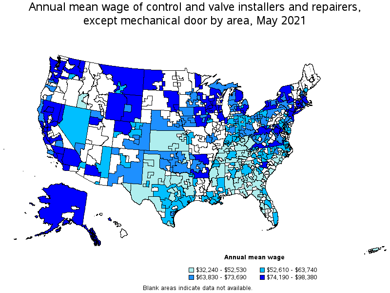 Map of annual mean wages of control and valve installers and repairers, except mechanical door by area, May 2021