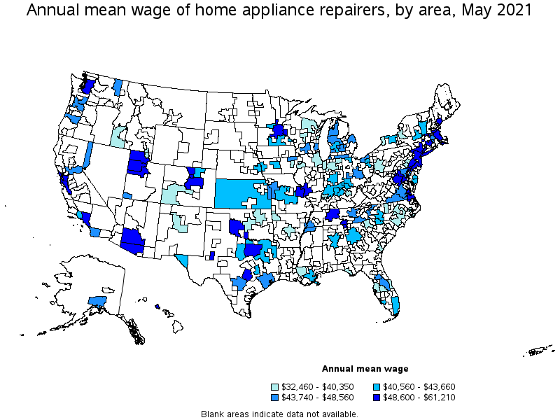 Map of annual mean wages of home appliance repairers by area, May 2021