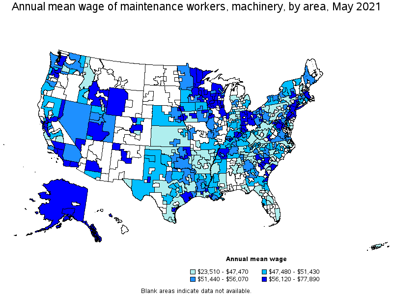 Map of annual mean wages of maintenance workers, machinery by area, May 2021