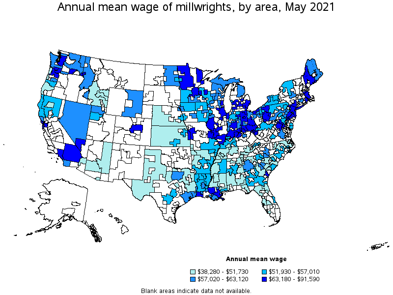 Map of annual mean wages of millwrights by area, May 2021