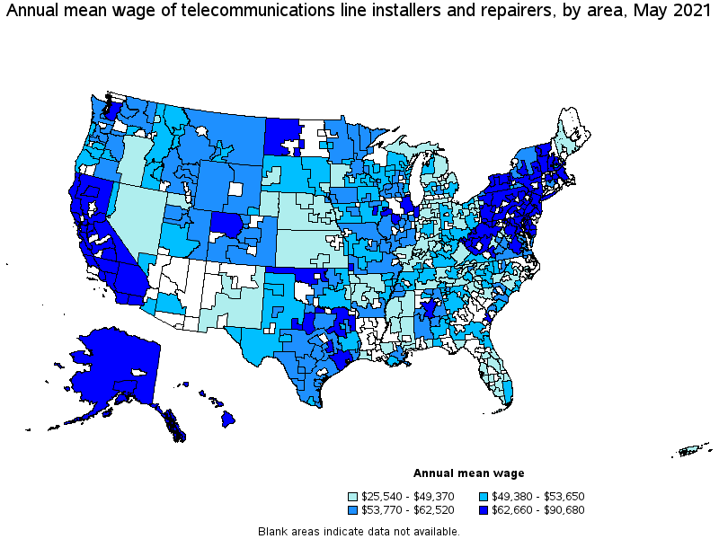 Map of annual mean wages of telecommunications line installers and repairers by area, May 2021