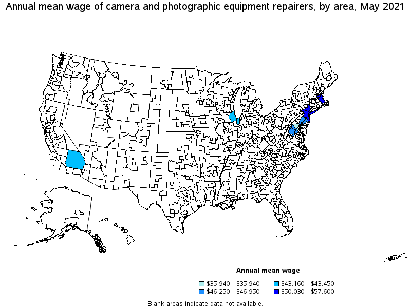 Map of annual mean wages of camera and photographic equipment repairers by area, May 2021