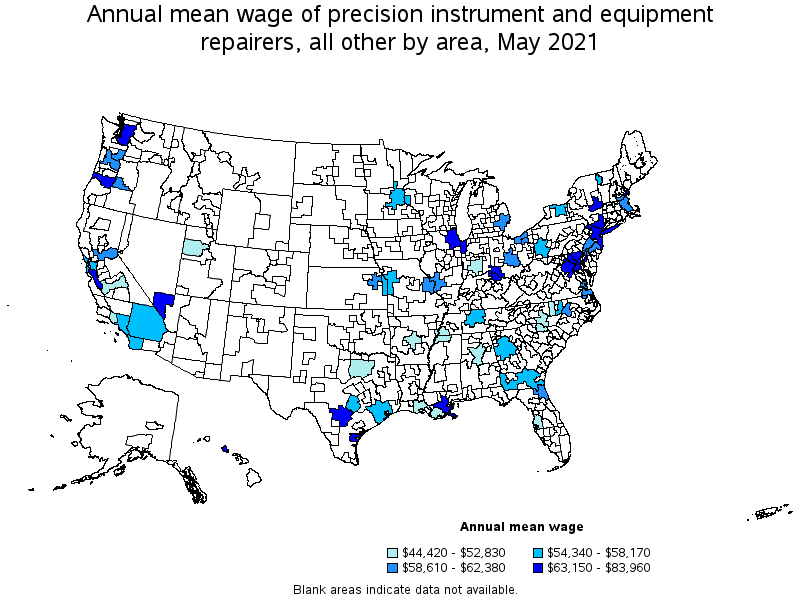 Map of annual mean wages of precision instrument and equipment repairers, all other by area, May 2021