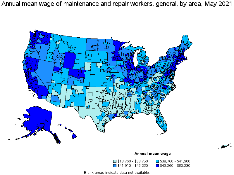 Map of annual mean wages of maintenance and repair workers, general by area, May 2021