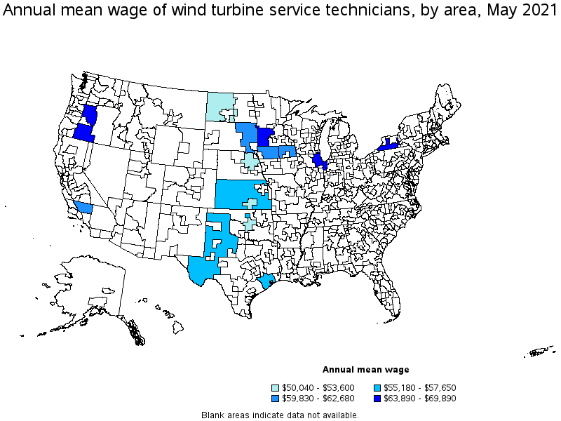 Map of annual mean wages of wind turbine service technicians by area, May 2021