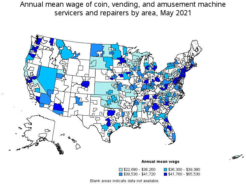 Map of annual mean wages of coin, vending, and amusement machine servicers and repairers by area, May 2021