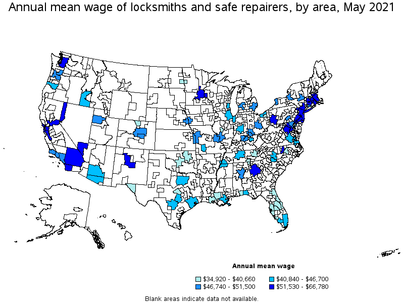 Map of annual mean wages of locksmiths and safe repairers by area, May 2021