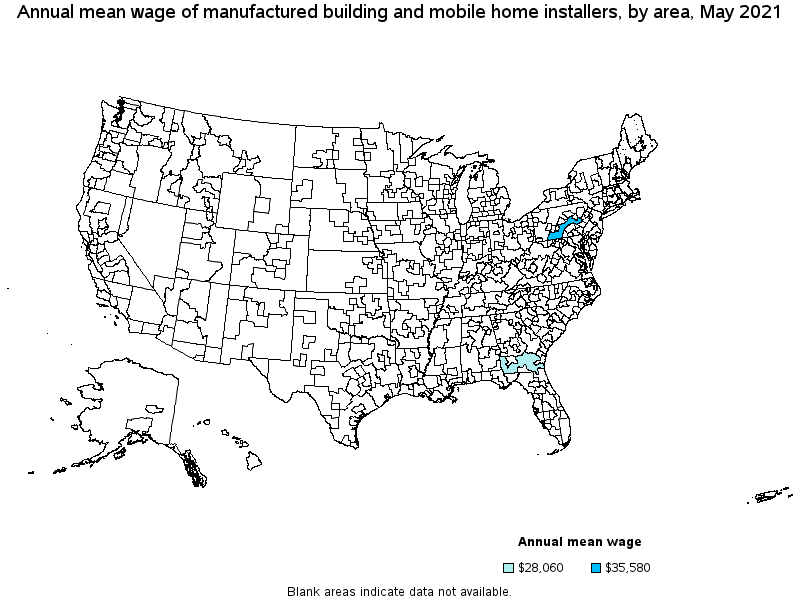 Map of annual mean wages of manufactured building and mobile home installers by area, May 2021