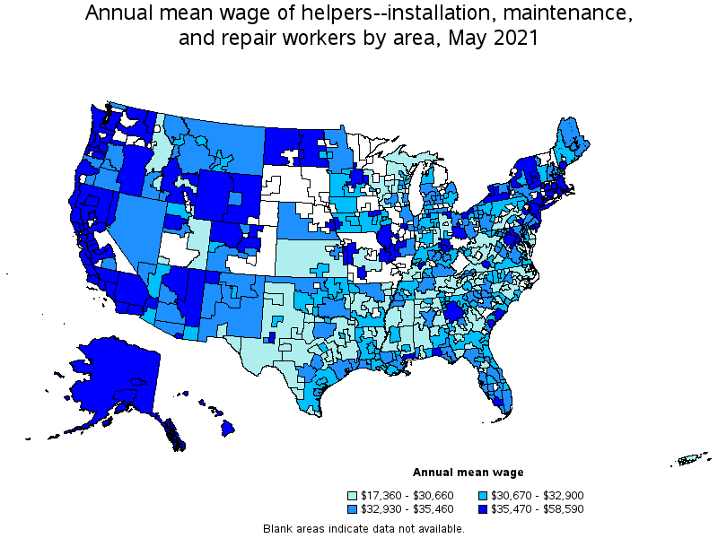 Map of annual mean wages of helpers--installation, maintenance, and repair workers by area, May 2021