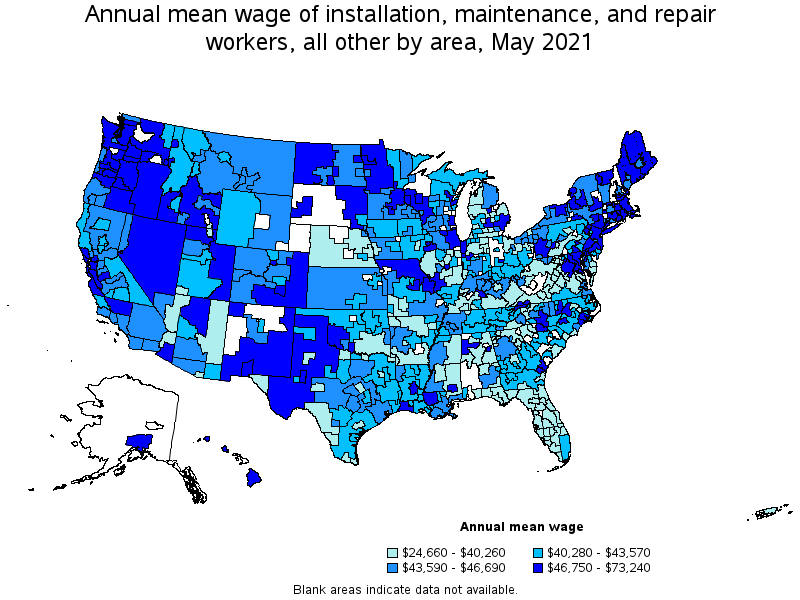 Map of annual mean wages of installation, maintenance, and repair workers, all other by area, May 2021